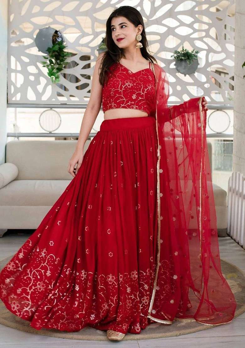 Red Embroidered Georgette Lehenga Set for Diwali and Festive Wear - Indya
