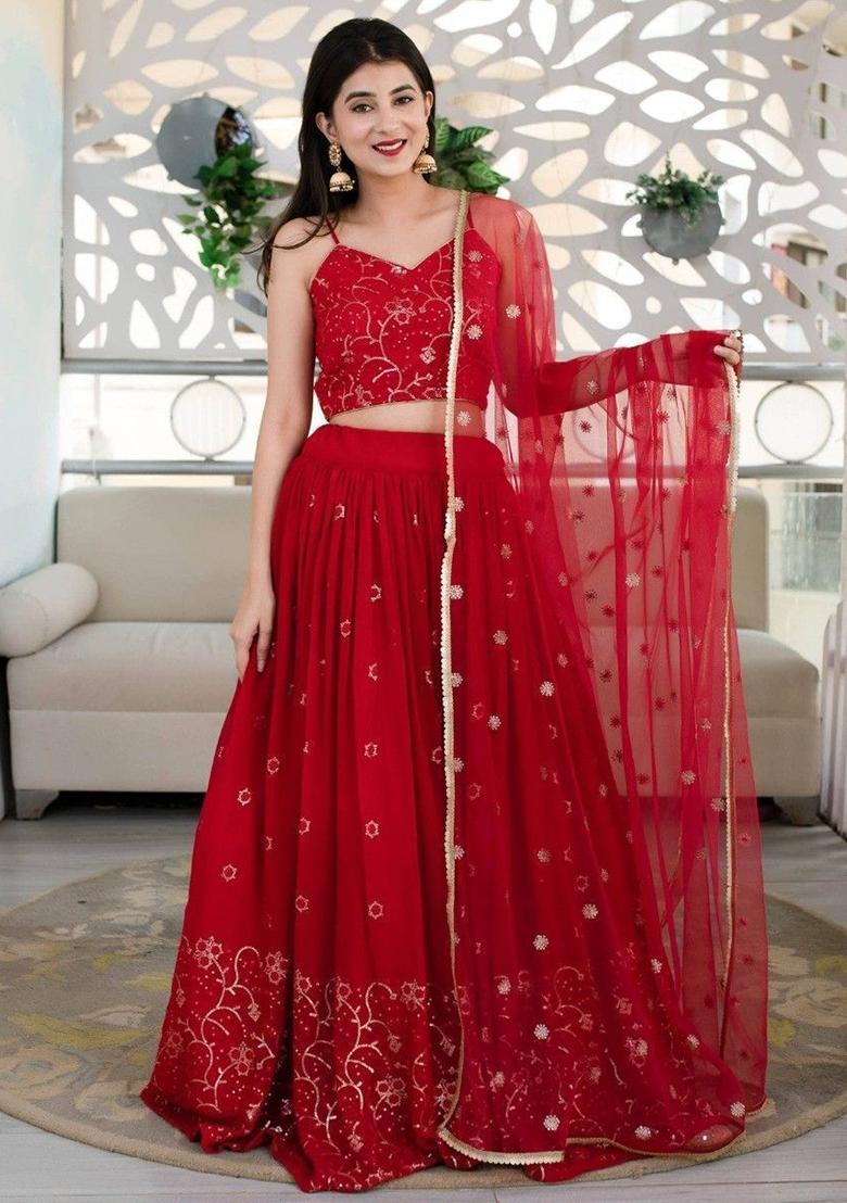 Red Embroidered Georgette Lehenga Set
