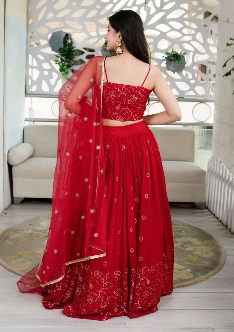 Red Embroidered Georgette Lehenga Set for Diwali and Festive Wear - Indya