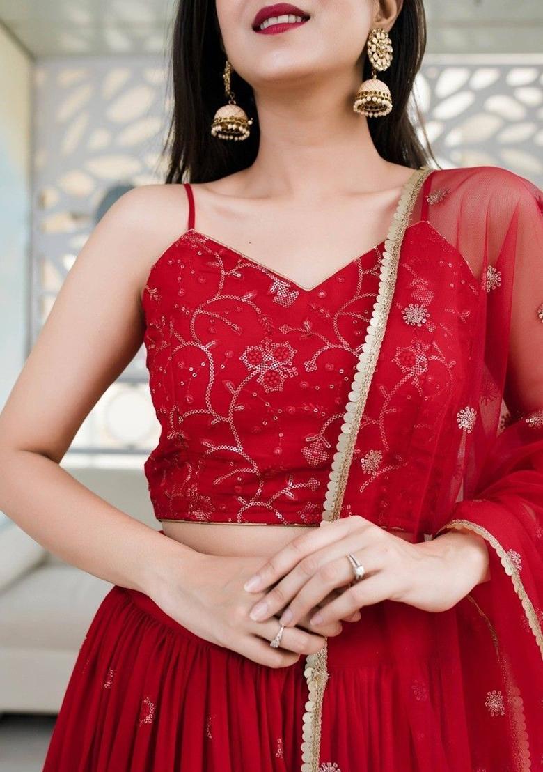 Red Embroidered Georgette Lehenga Set