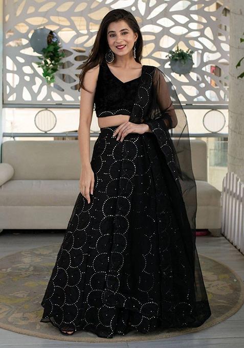 Black Sequin Embroidered Organza Lehenga Set