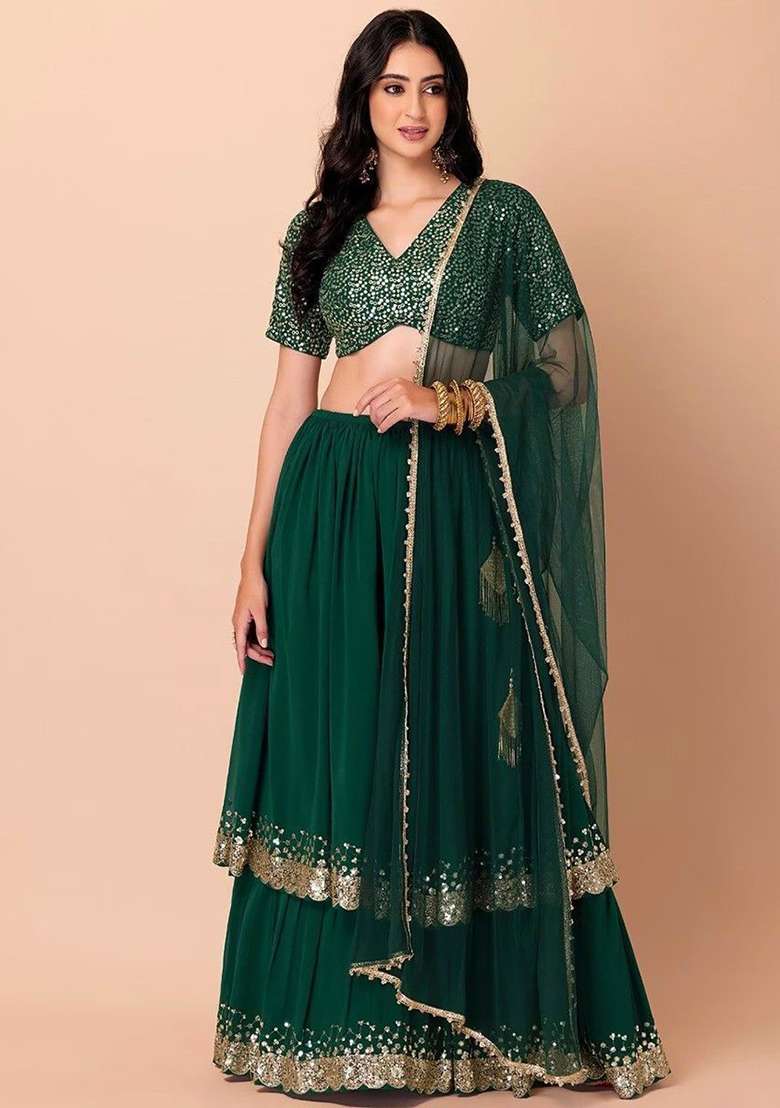 Green Sequin Embroidered Georgette Lehenga Set for Diwali and Festive Wear - Indya