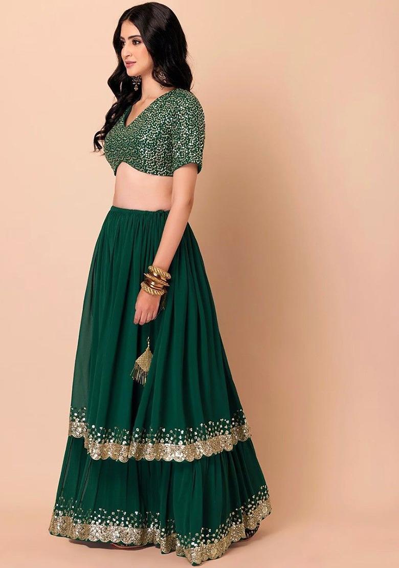 Green Sequin Embroidered Georgette Lehenga Set