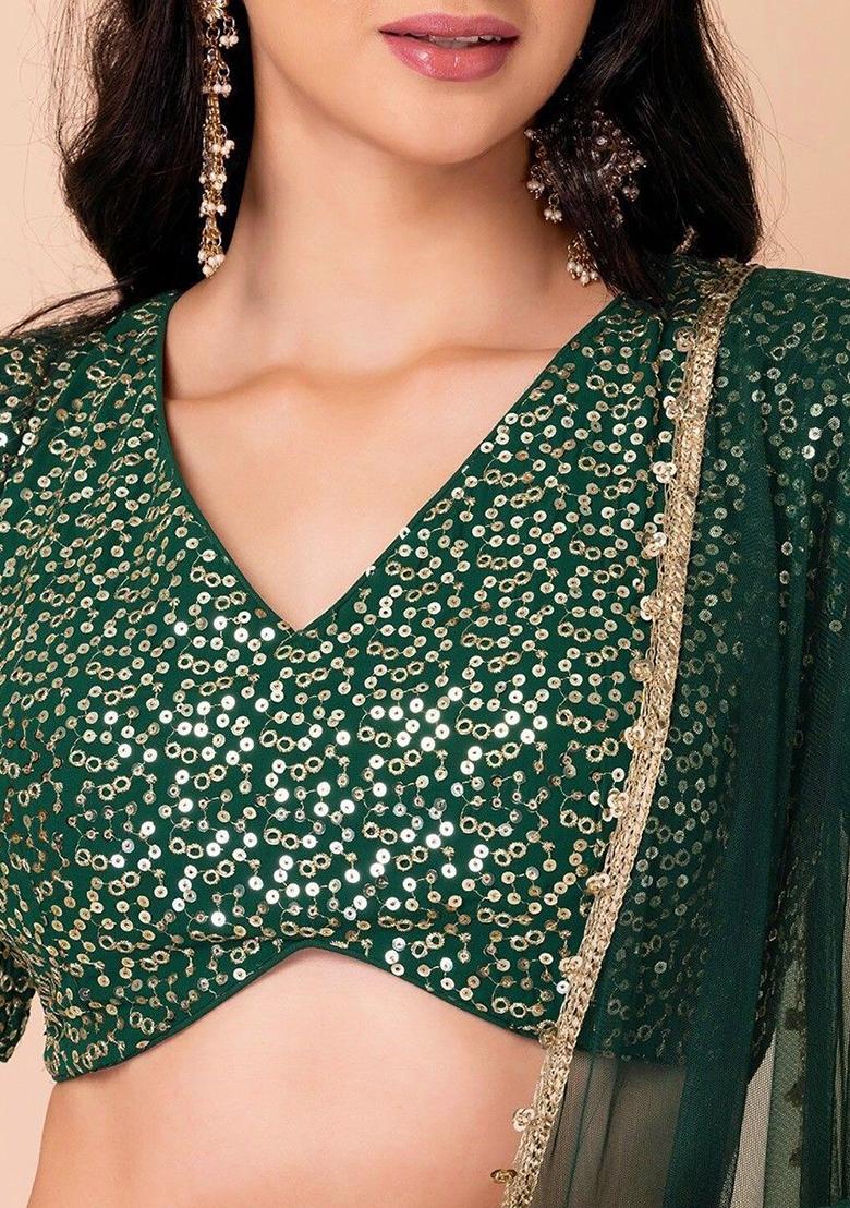 Green Sequin Embroidered Georgette Lehenga Set
