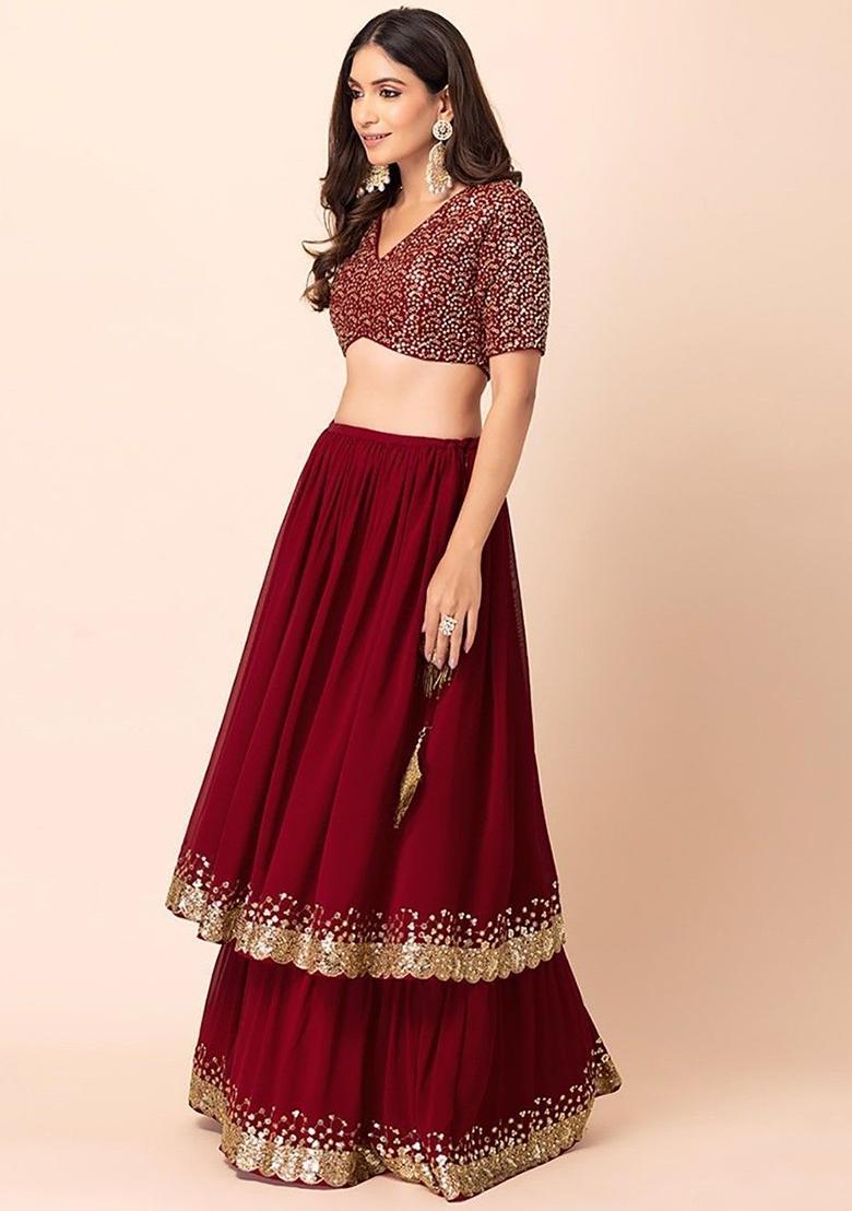 Maroon Sequin Embroidered Georgette Lehenga Set