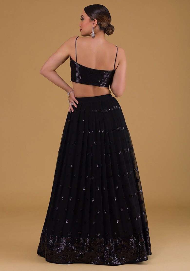 Black Georgette Lehenga Set with Embroidered & Sequin for Diwali | Wedding & Festive Wear - Indya