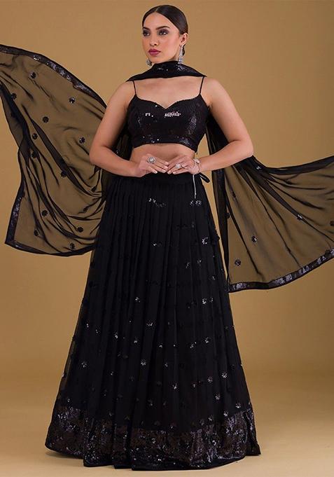 Black Sequin Embroidered Georgette Lehenga Set