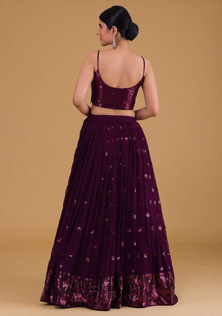 Purple Sequin Embroidered Georgette Lehenga Set for Diwali and Festive Wear - Indya