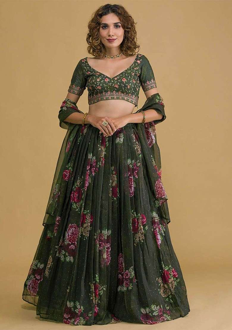 Green Floral Print Organza Lehenga Set for Diwali and Festive Wear - Indya