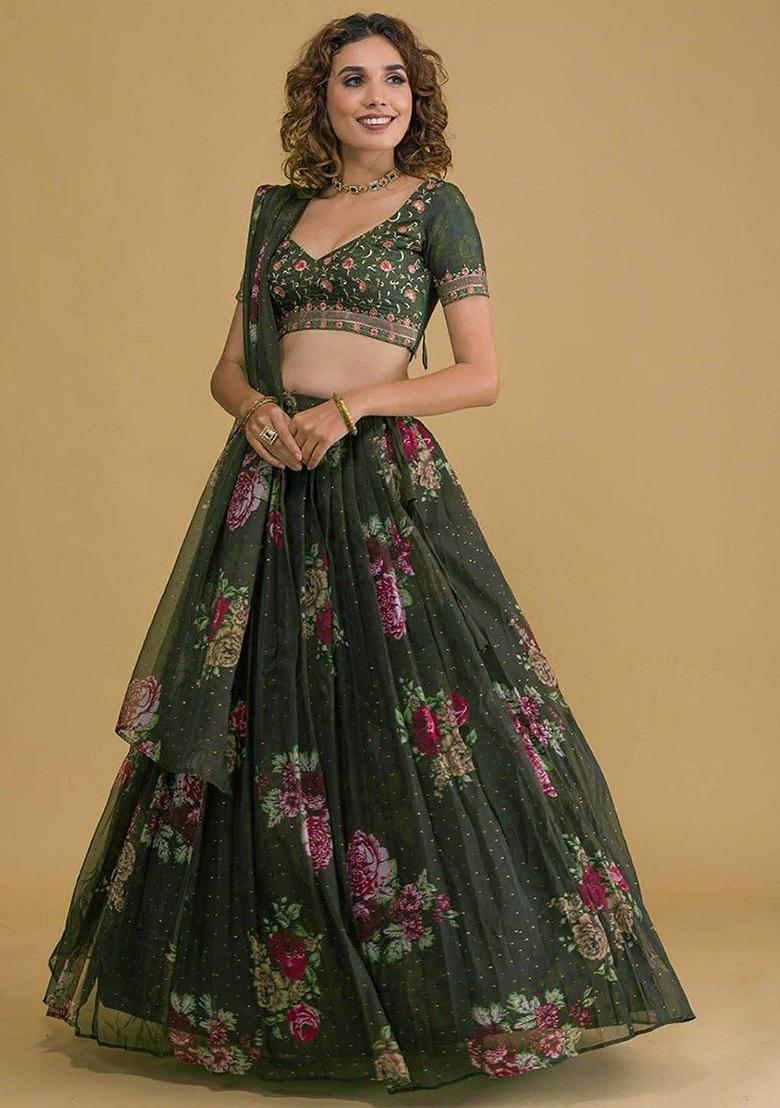 Green Floral Print Organza Lehenga Set