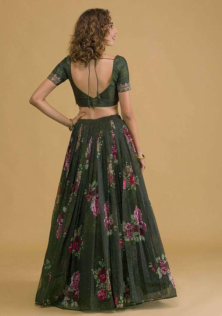 Green Floral Print Organza Lehenga Set for Diwali and Festive Wear - Indya
