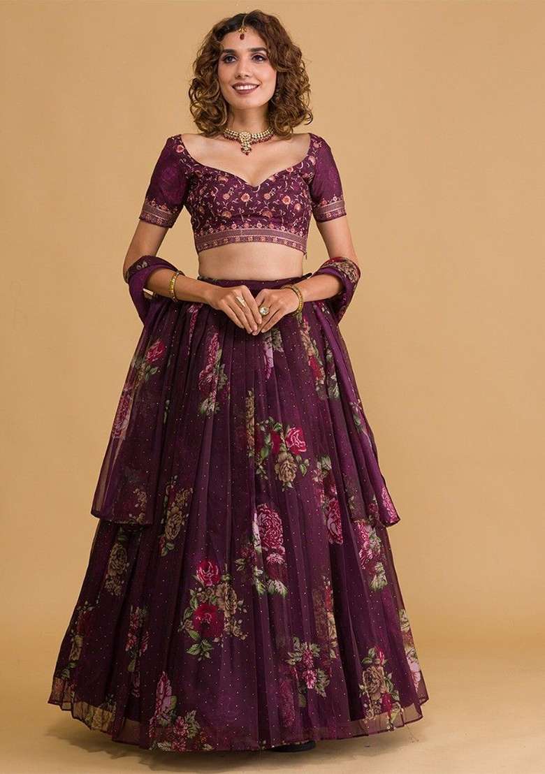 Wine Organza Lehenga Set with Digital Print for Diwali | Wedding & Festive Wear - Indya