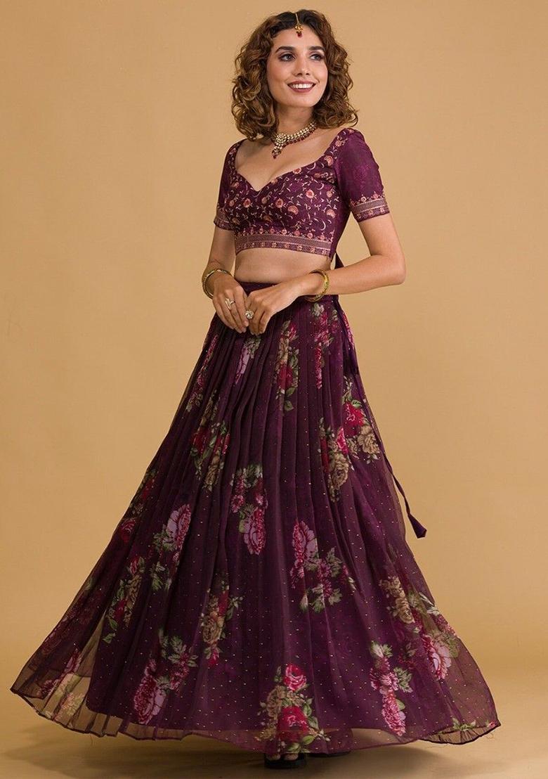 Wine Digital Print Organza Lehenga Set