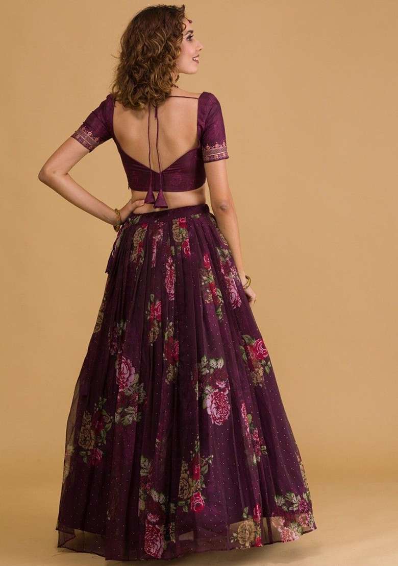 Wine Organza Lehenga Set with Digital Print for Diwali | Wedding & Festive Wear - Indya