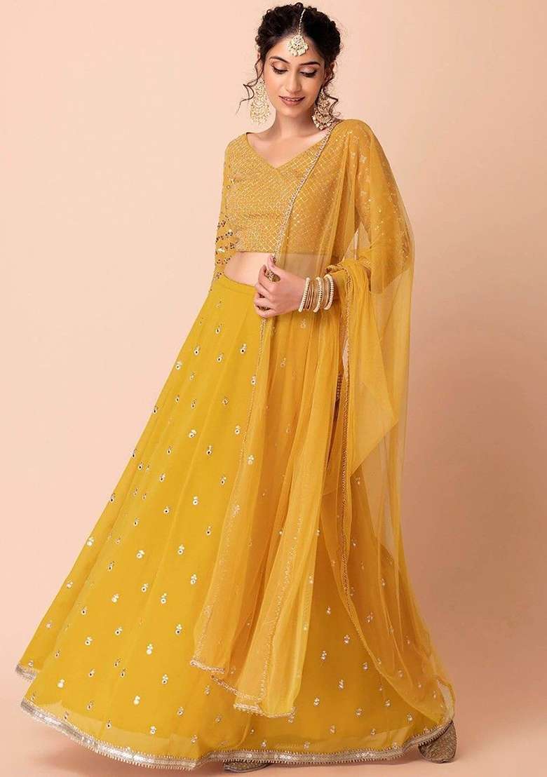 Yellow Georgette Lehenga Set with Embroidered & Sequin for Diwali | Wedding & Festive Wear - Indya