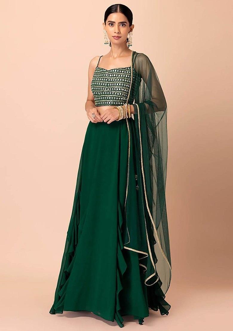 Green Sequin Embroidered Georgette Lehenga Set