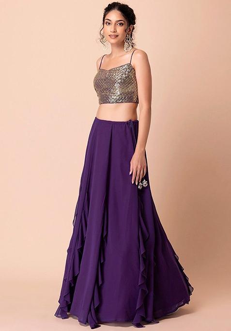 Purple Sequin Embroidered Georgette Lehenga Set