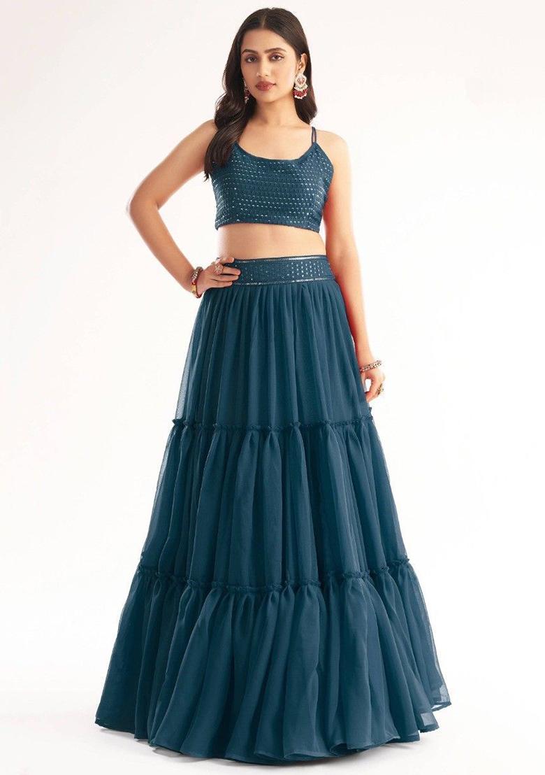 Blue Sequin Embroidered Georgette Lehenga Set