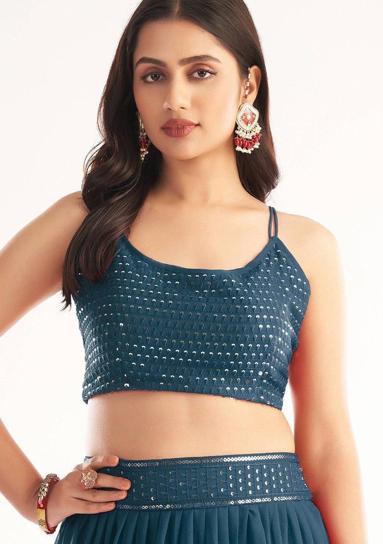 Blue Sequin Embroidered Georgette Lehenga Set