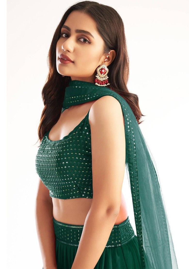 Green Embroidered Georgette Lehenga Set