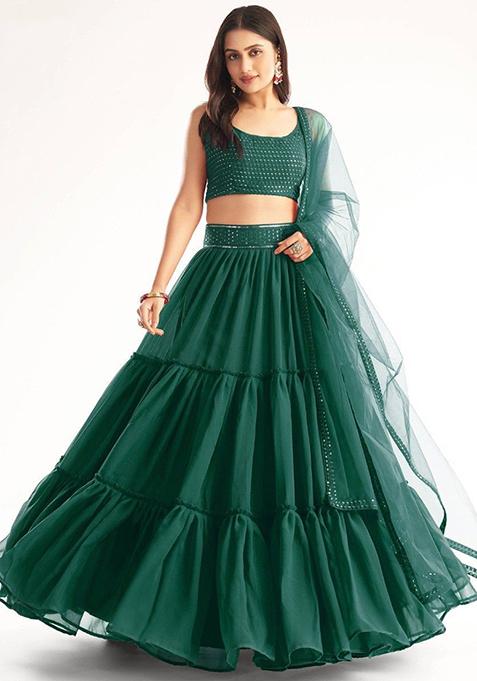 Green Embroidered Georgette Lehenga Set
