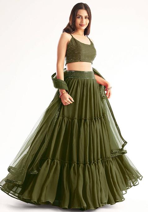 Green Embroidered Georgette Lehenga Set