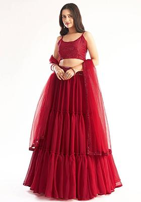 Red Embroidered Georgette Lehenga Set