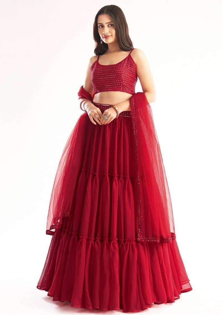Red Georgette Lehenga Set with Embroidered for Diwali | Wedding & Festive Wear - Indya