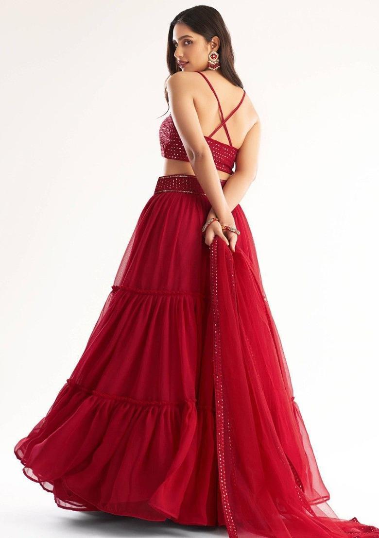 Red Embroidered Georgette Lehenga Set