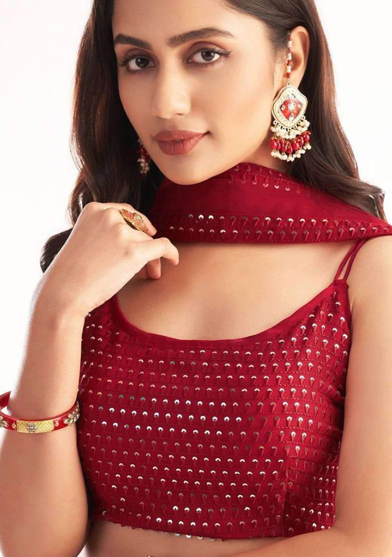 Red Georgette Lehenga Set with Embroidered for Diwali | Wedding & Festive Wear - Indya
