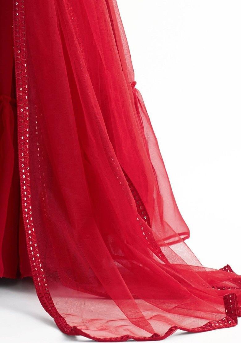 Red Embroidered Georgette Lehenga Set