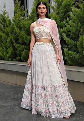 White Digital Print Georgette Lehenga Set