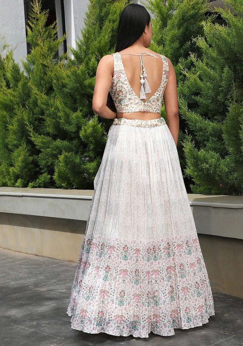 White Georgette Lehenga Set with Digital Print for Diwali | Wedding & Festive Wear - Indya