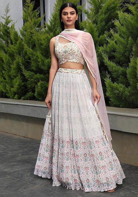 White Digital Print Georgette Lehenga Set