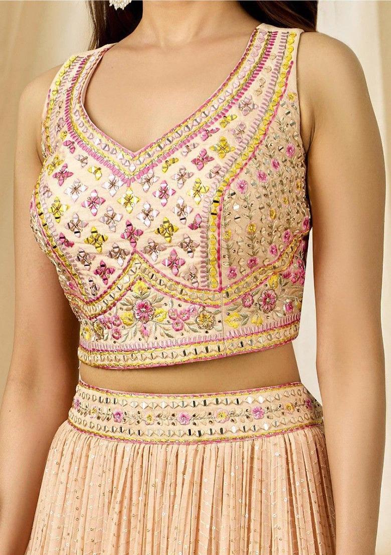 Peach Embroidered Georgette Lehenga Set