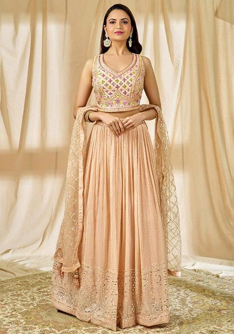 Peach Embroidered Georgette Lehenga Set