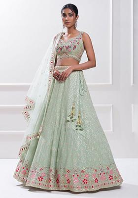 Green Sequin Embroidered Georgette Lehenga Set
