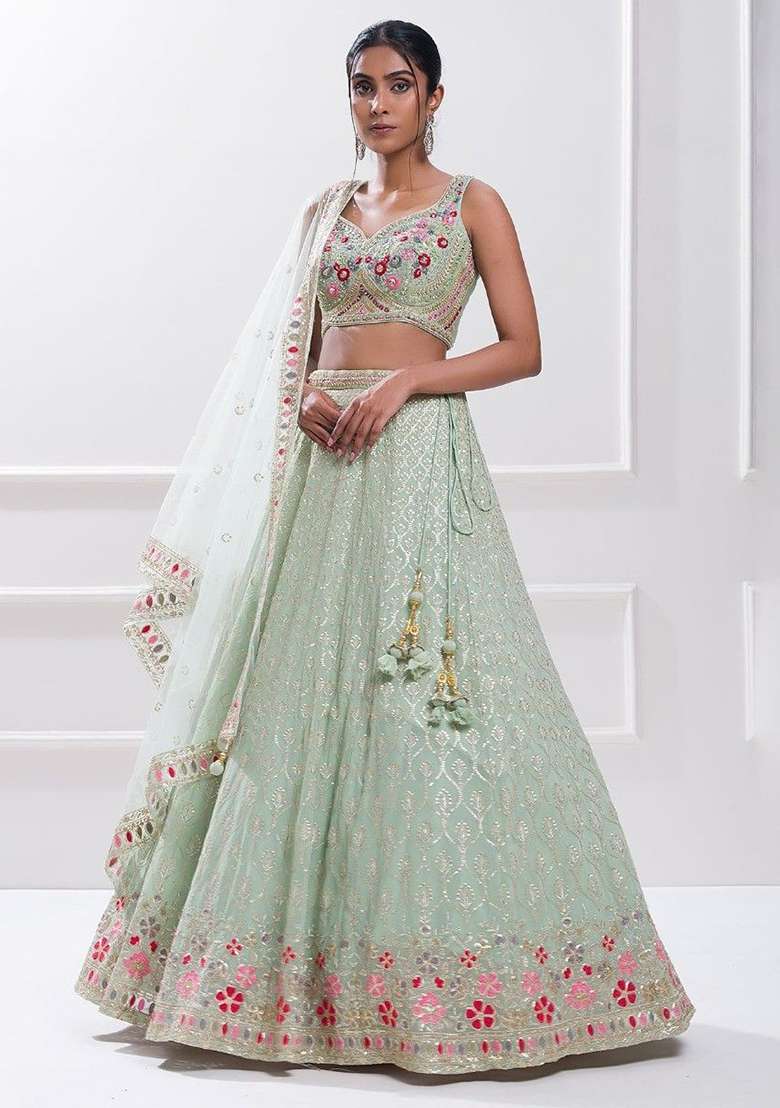 Green Georgette Lehenga Set with Embroidered & Sequin for Diwali | Wedding & Festive Wear - Indya