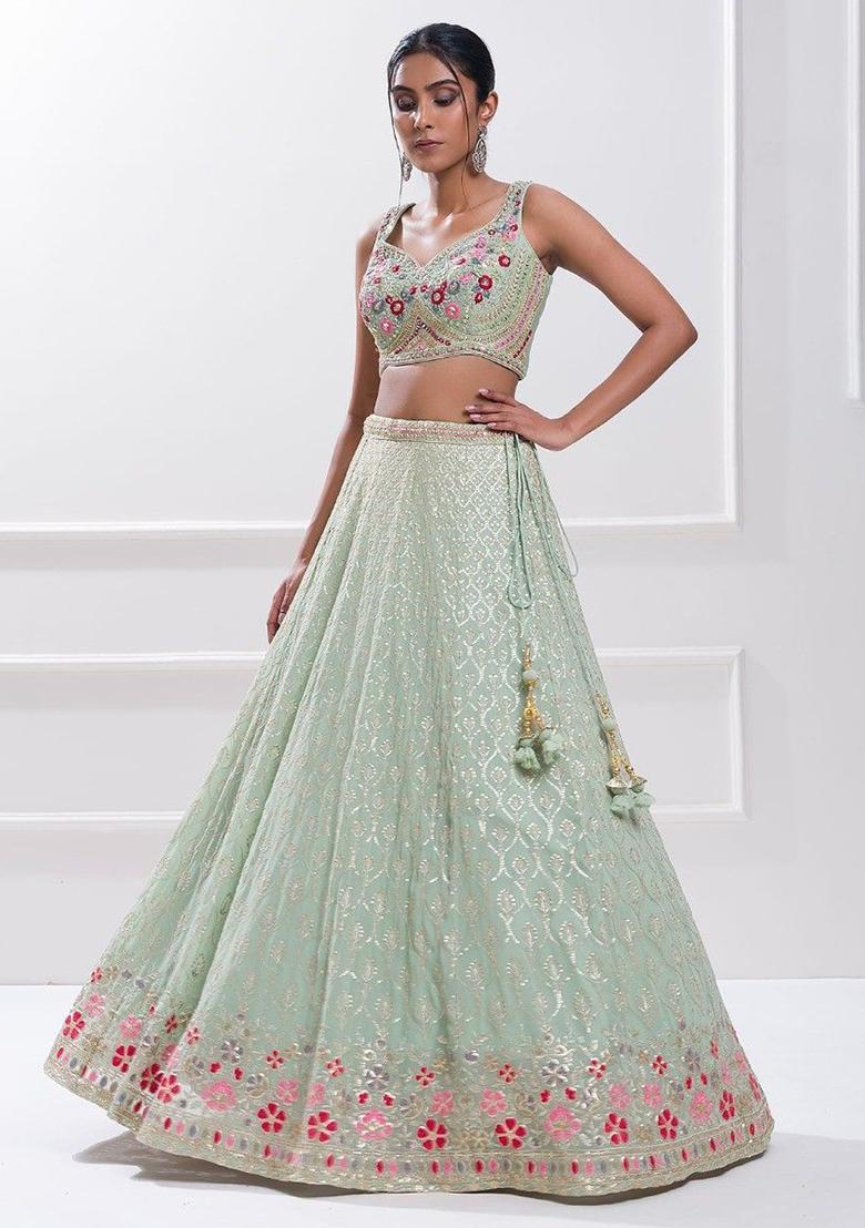 Green Sequin Embroidered Georgette Lehenga Set