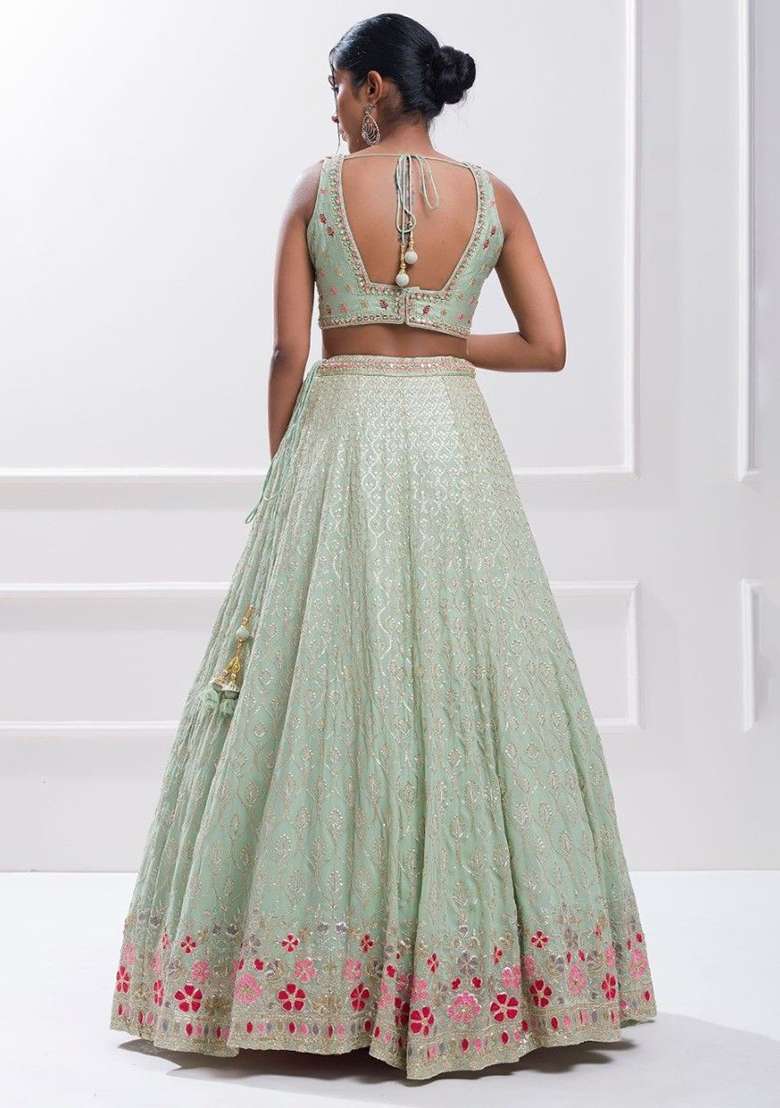 Green Georgette Lehenga Set with Embroidered & Sequin for Diwali | Wedding & Festive Wear - Indya