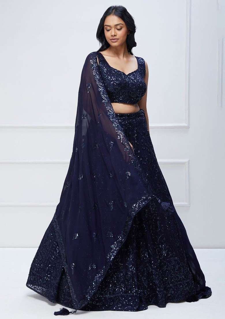 Navy Blue Sequin Embroidered Georgette Lehenga Set for Diwali and Festive Wear - Indya