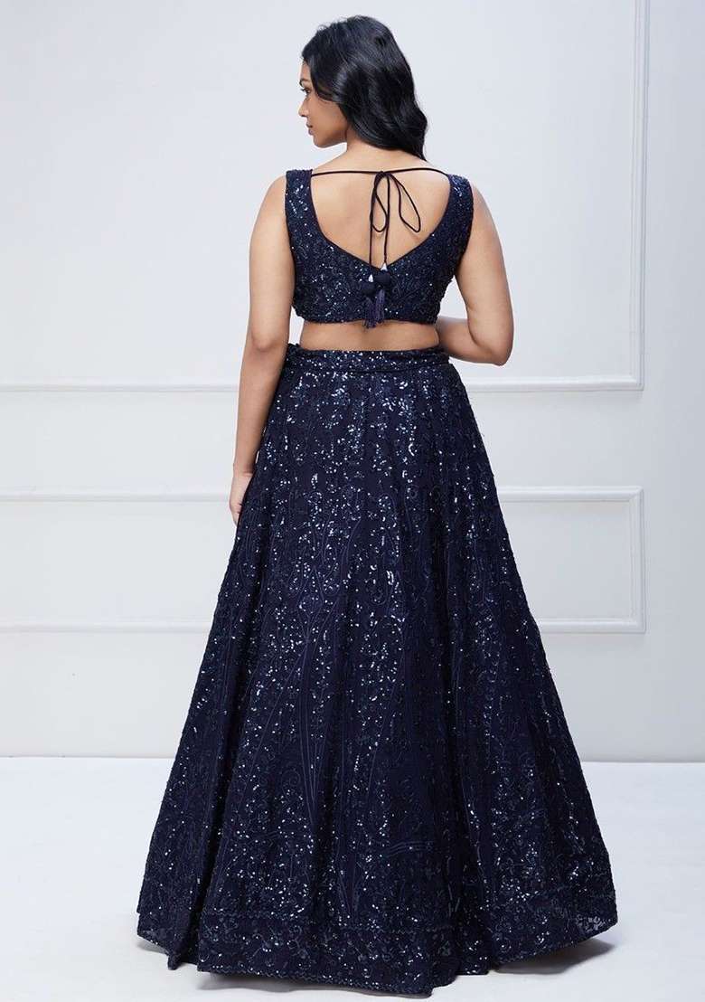 Navy Blue Sequin Embroidered Georgette Lehenga Set for Diwali and Festive Wear - Indya