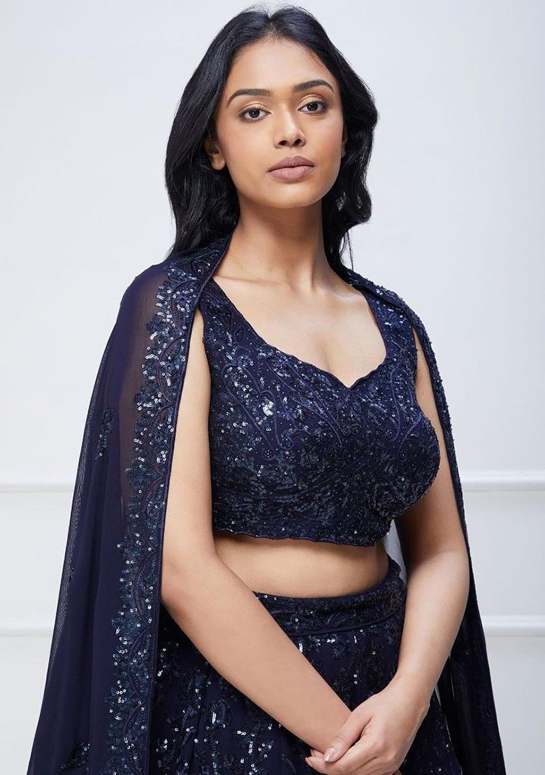 Navy Blue Sequin Embroidered Georgette Lehenga Set