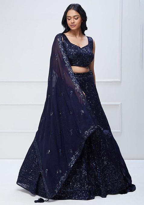 Navy Blue Sequin Embroidered Georgette Lehenga Set