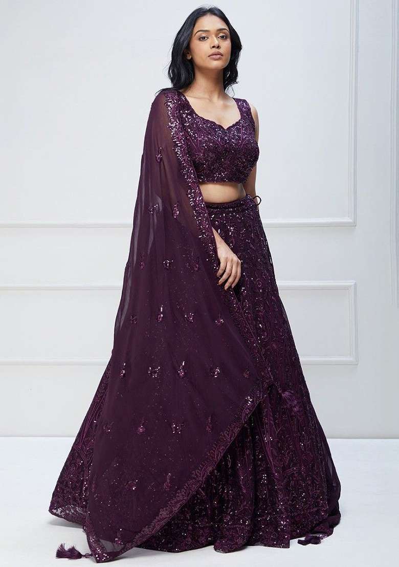 Purple Sequin Embroidered Georgette Lehenga Set for Diwali and Festive Wear - Indya