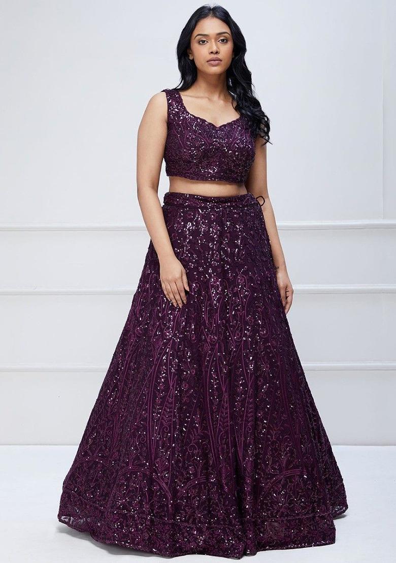 Purple Sequin Embroidered Georgette Lehenga Set