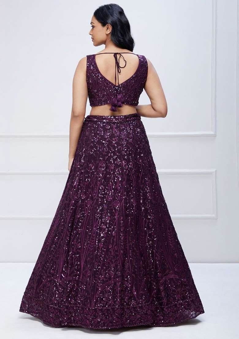 Purple Sequin Embroidered Georgette Lehenga Set for Diwali and Festive Wear - Indya