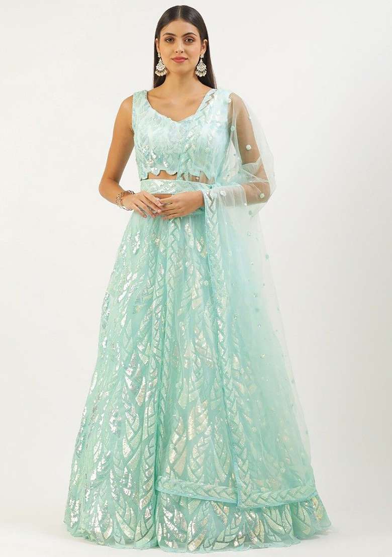 Sky Blue Net Lehenga Set with Embroidered & Sequin for Diwali | Wedding & Festive Wear - Indya