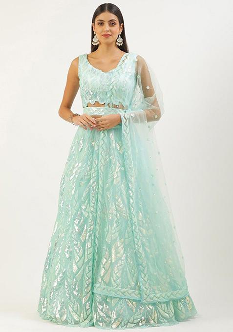 Sky Blue Sequin Embroidered Net Lehenga Set