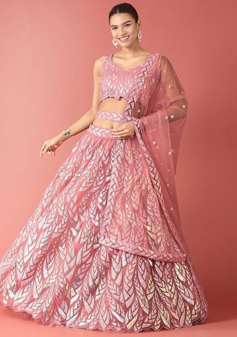 Pink Sequin Embroidered Net Lehenga Set for Diwali and Festive Wear - Indya
